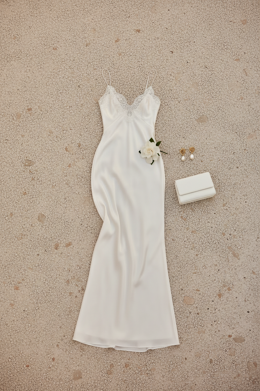 Flat Lay - Perla Nácar Vestido Seda Lencero