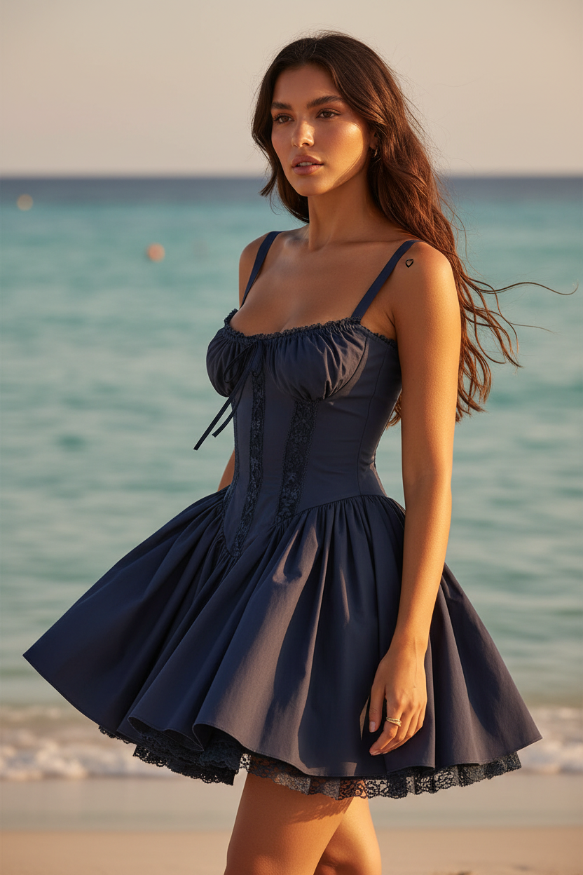 Vestido azul marino mini corset - vista lateral falda al viento
