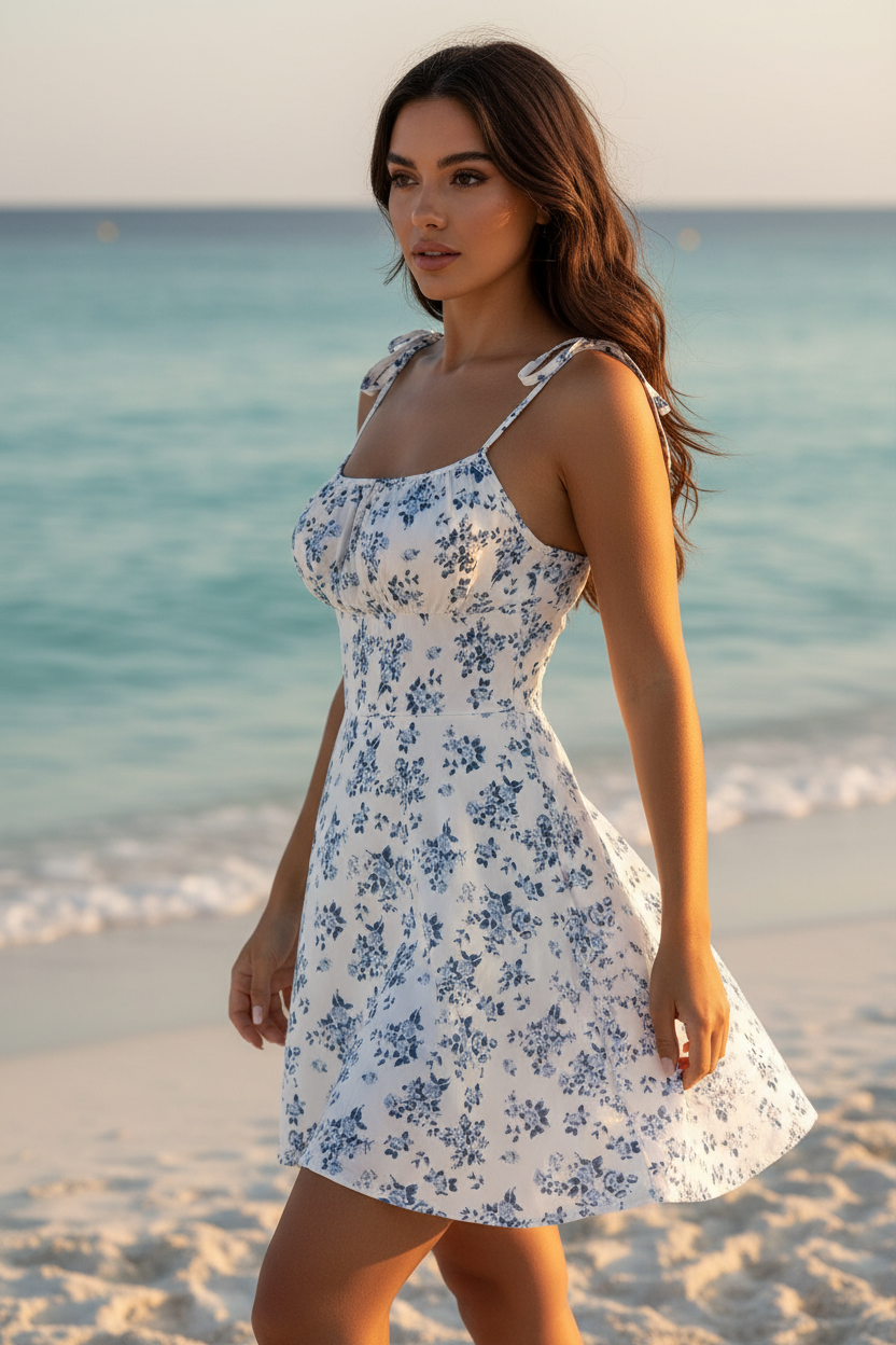 Vestido marfil floral mini - vista lateral falda al viento
