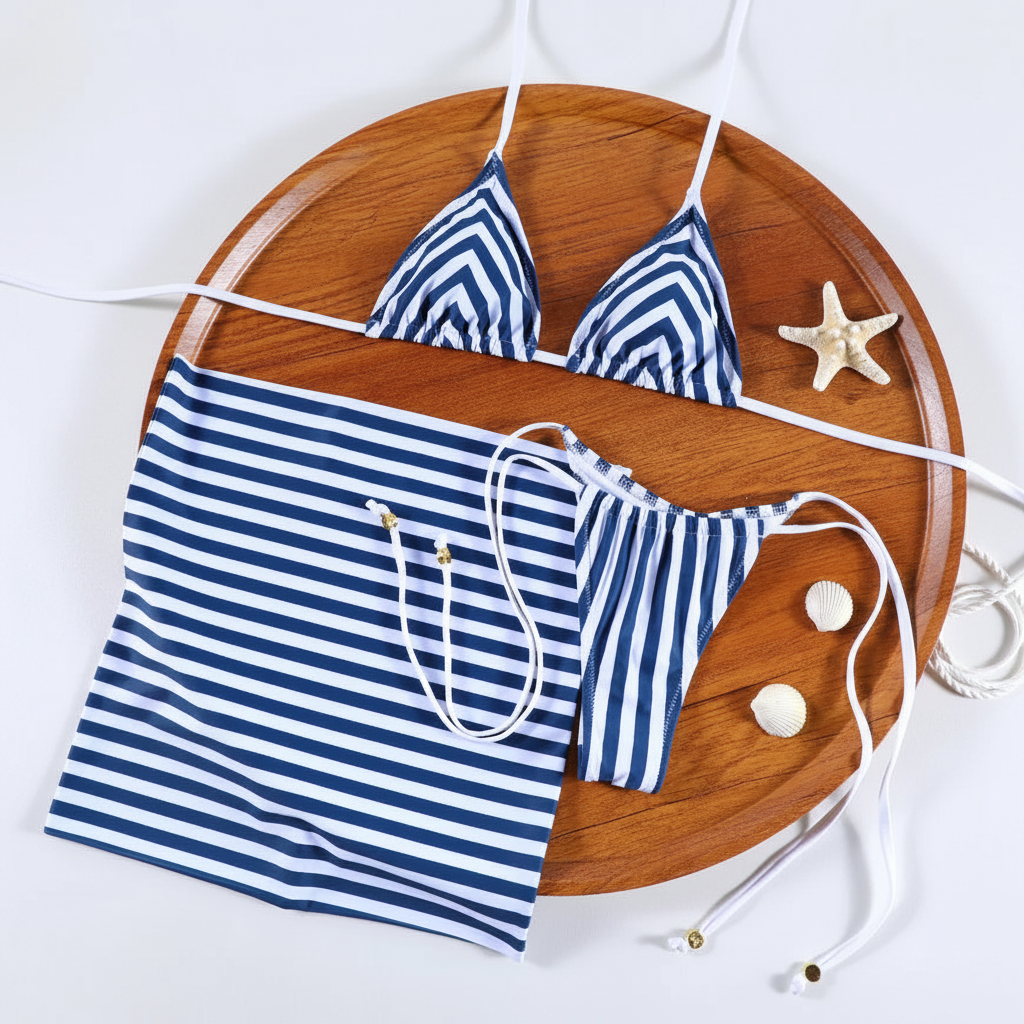 Flat Lay - Mar Coral Conjunto 3 Piezas Rayas Náuticas