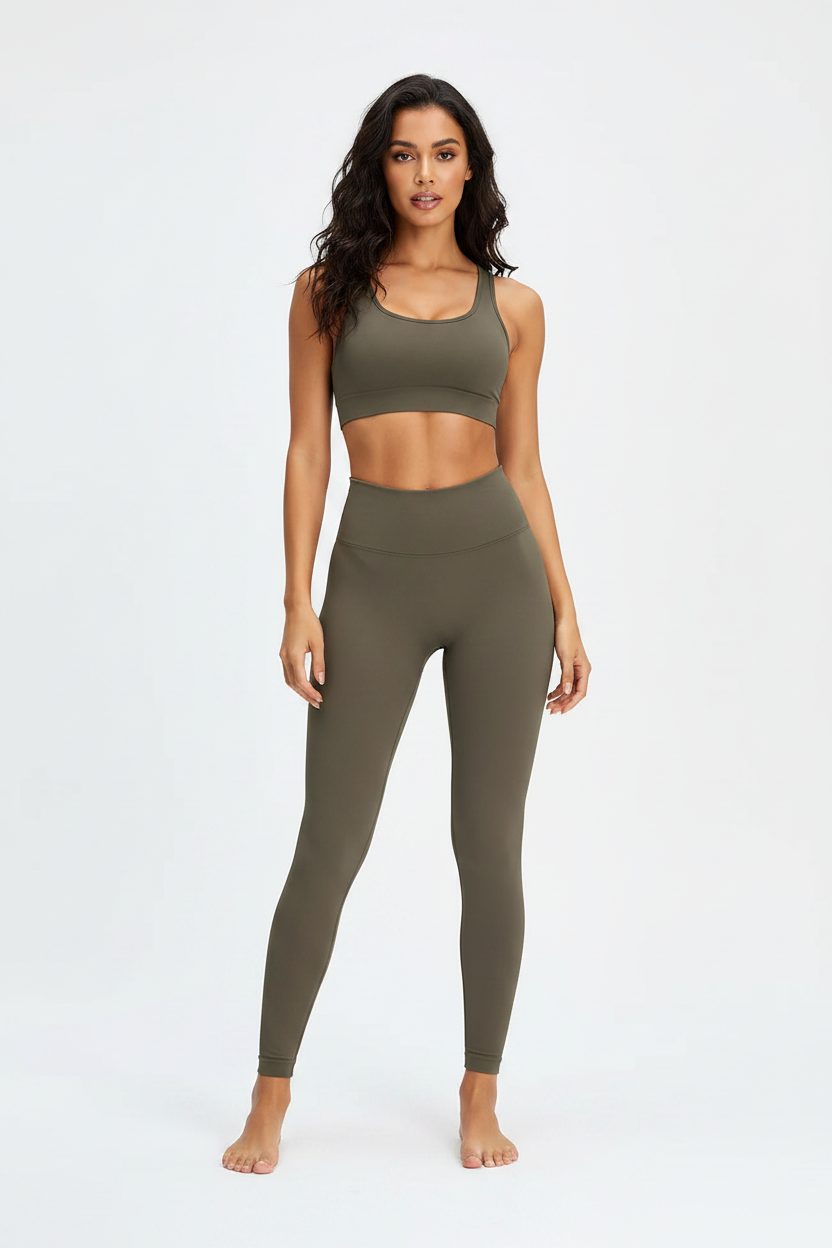 Leggings deportivos gris marrón cintura alta vista frontal
