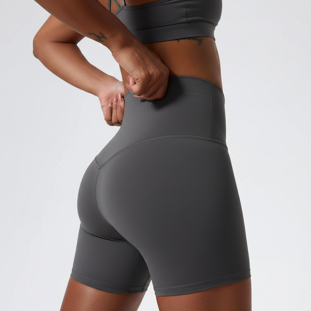 Shorts biker gris cintura alta detalle trasero waistband