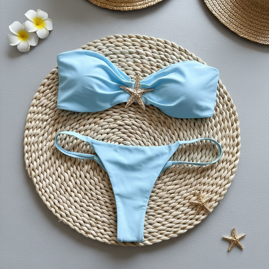Flat Lay Generado - Mar Zafiro Bikini Bandeau Estrella Dorada