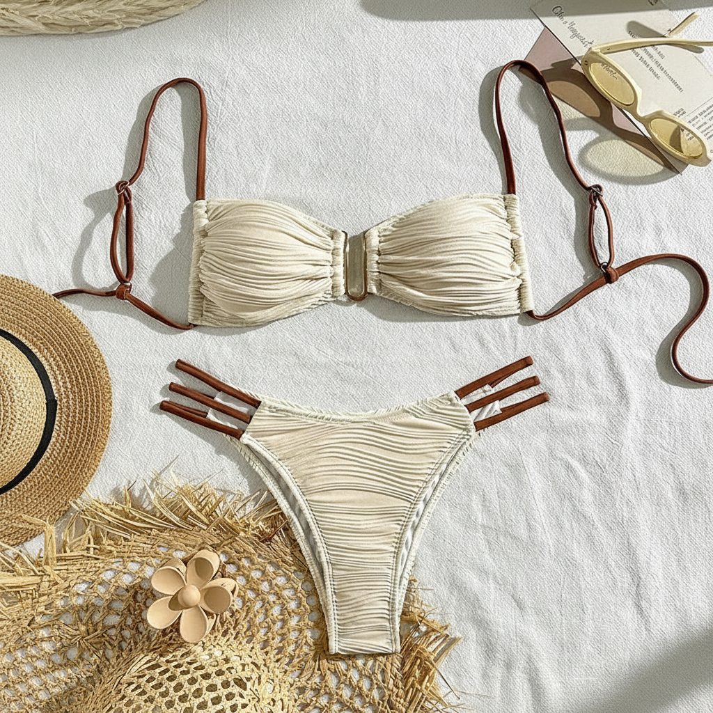 Flat Lay - Aire Pure Bikini Bandeau Plisado Crema