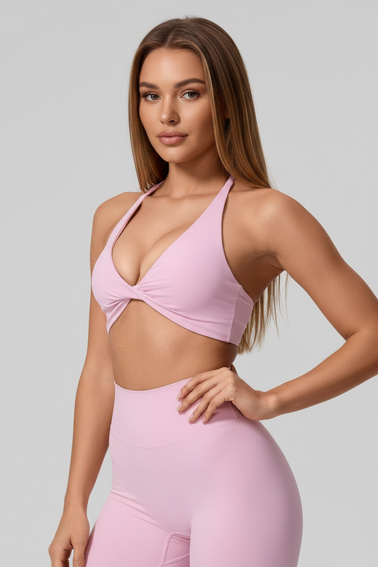 Sujetador deportivo rosa escote V con nudo frontal