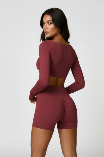 Conjunto deportivo manga larga vino tinto - vista espalda detalle fruncido