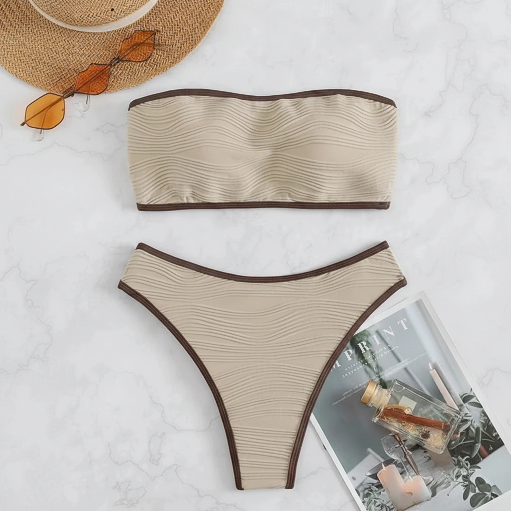 Producto - Tierra Sahara Bikini Bandeau Beige Ribete Chocolate