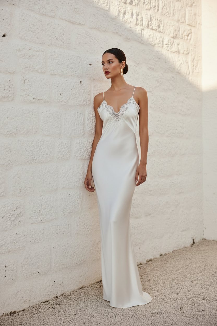 Lateral - Perla Nácar Vestido Seda Modelo Patio Mediterráneo