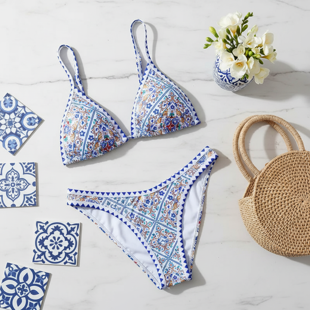 Flat Lay - Mar Calypso Bikini Azulejo Majólica