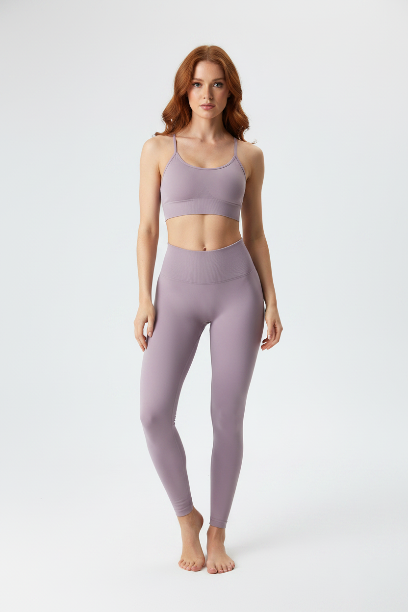 Leggings deportivos lila cintura alta vista frontal completa