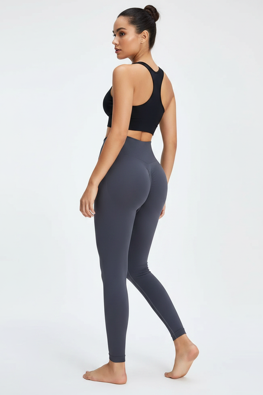 Leggings deportivos gris oscuro cintura alta portada cuerpo completo